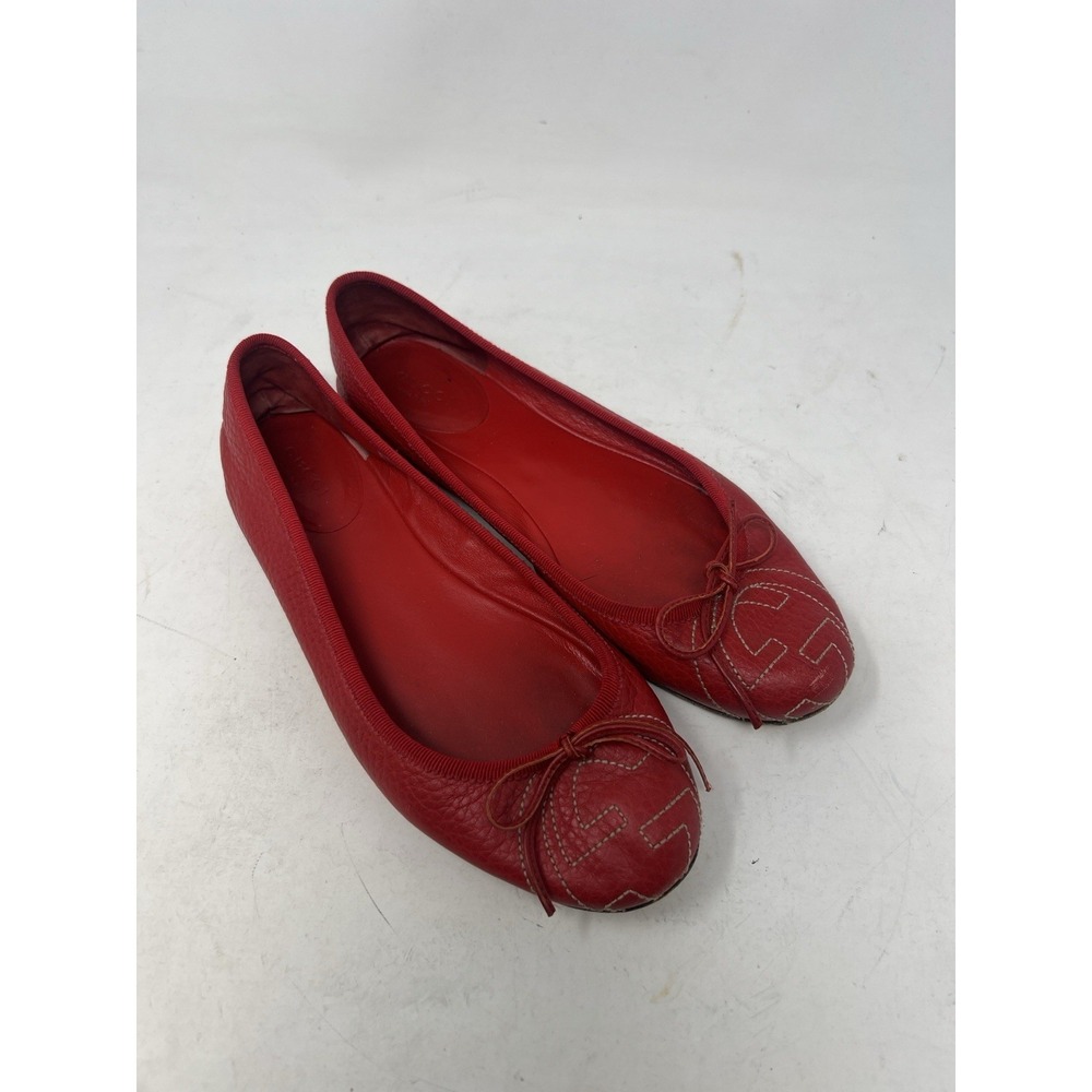 GUCCI Ballerina GG Bow 7.5 Red Leather Flats 37.5 Women's Ballet EUC - Picture 2 of 8